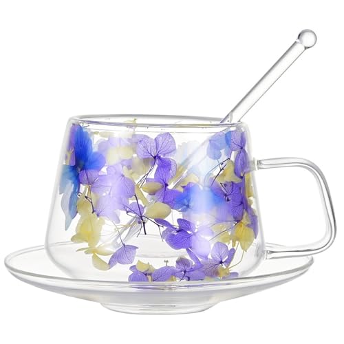 Doppeltes Glastassen- und Untertassen-Set, Trockenblumen-Glas-Teetasse mit Untertassen-Set, Romantische Trockenblumen-Tasse mit Henkel, Florale Kaffeetasse für das Heimbüro, von CYYZB