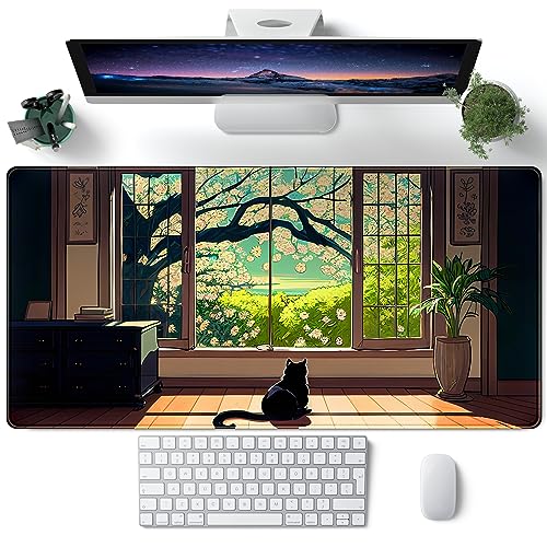 Grüne Schreibtischunterlage, Kawaii, schwarze Katze, großes Mauspad, XXL, Anime, niedliches Schreibtischpad, großes ästhetisches Mauspad, erweitertes Tastatur-Pad, Laptop, Computer, Mausmatte von CYZFF