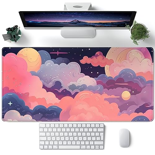 Niedliche Schreibtischunterlage mit Kawaii-Wolken, pink-lila, Anime-Design, XXL, großes Mauspad, Gaming-Mauspad, Laptop, Computer, Tastatur, Mauspad, 80 x 40 cm, niedliches Schreibtisch-Dekor, von CYZFF