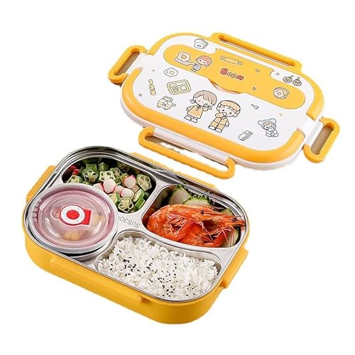 Kawaii Bento Box Süße Auslaufsicher Stapelbare Lunchbox mit geteilten Fächern Lunchbehälter mit Catoon Aufklebern für Arbeit/Schule und Mahlzeit Vorbereitung (Gelb) von CYee