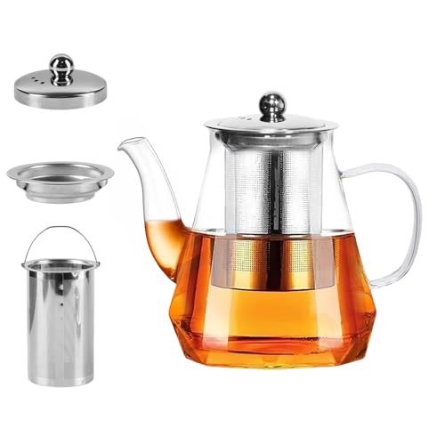 1000ml Teekanne aus Glas mit abnehmbarem Edelstahlsieb Hitzebeständige, tropffreie Teekanne für losen Blatt-Tee Teekocher aus Borosilikatglas für duftenden Tee und Fruchtgetränke von CZCMYAU