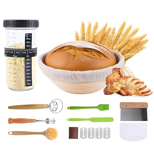 10-teiliges Proofing Korb Brot Set, 23cm Proofing Körbe mit Bettwäsche Abdeckung, Brotmesser, Pinsel Teig, Scraper und dänische Whisk, Saurdough Starter Set, Brotbackzubehör für Zuhause und Brotbäker von CZCMYAU