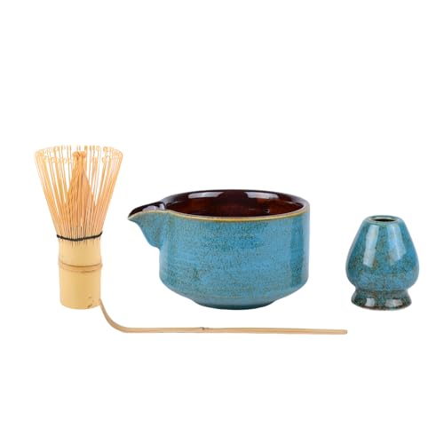 CZCMYAU Matcha Schneebesen Set 4 Stück Matcha Schale mit Ausgießer Matcha Schneebesen Bambus Schaufel Matcha Schneebesen Halter Traditionelle Japanische Teezeremonie(Blau) von CZCMYAU