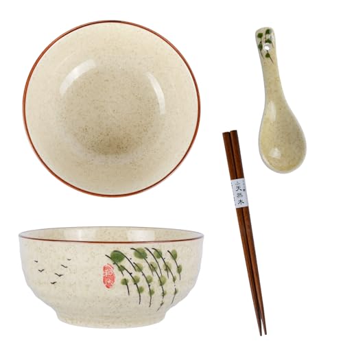 Japanische Ramen Keramikschüssel Set mit Essstäbchen und Löffel 580ml Große Suppen Nudel Udon Salatschüsseln für Ramen Liebhaber von CZCMYAU