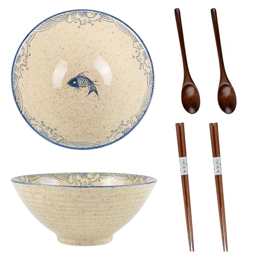 Keramik Ramen Schüssel 2er Set mit Essstäbchen und Löffel 1000ml große japanische Ramen Schüssel Mikrowelle & Spülmaschinenfest für Nudeln Pasta Salat Udon Pho und Suppe von CZCMYAU