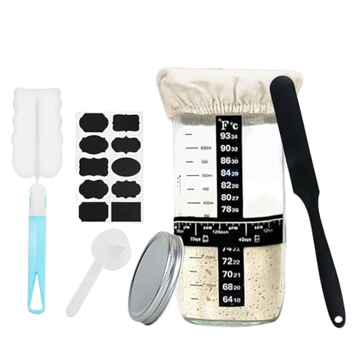 Sauerteig Starter Set 730ml Glasgefäß mit Temperaturband Gärung Brotbacken Zubehör mit Aluminiumdeckel Gärungstuch Fütterung Datumsmarker Silikonspatel von CZCMYAU