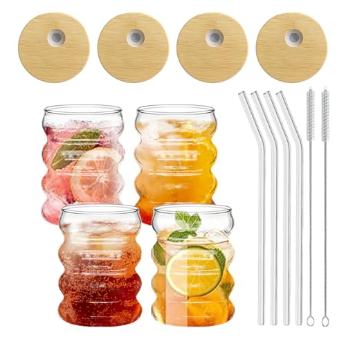 Trinkgläser mit Deckel und Strohhalm 4er Set 300ml Cocktailglas Trinkbecher Set für Eiskaffee Limonade Cappuccino Bubble Tea Bier Smoothie Glas für Geburtstag Matcha Tassen von CZCMYAU
