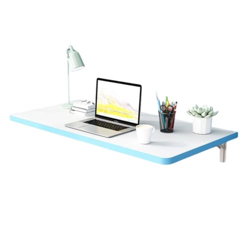 CZDANG An der Wand montierter Klapptisch aus Holz, kompakte Arbeitsstation, schwebender Schreibtisch mit robusten, zusammenklappbaren Regalhalterungen aus Metall(White-Blue,90 * 50 * 1.6cm) von CZDANG