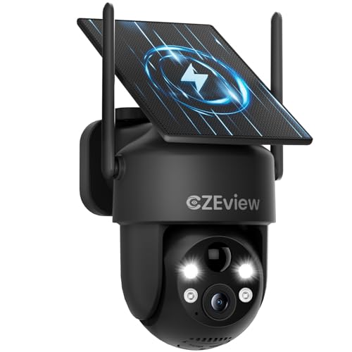 CZEview 2K 3MP HD Überwachungskamera Aussen Akku Solar, 100% Kabellos, 360° PTZ Kamera Überwachung Außen mit Bewegungsmelder, 2.4GHz WLAN, Farbige Nachtsicht, Echtzeit-Warnungen (Schwarz) von CZEview