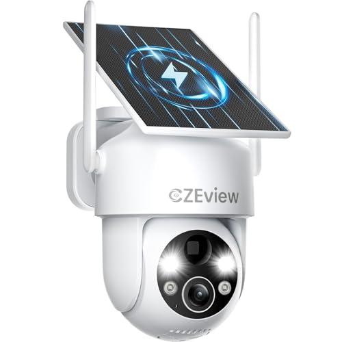 CZEview 2K 3MP HD Überwachungskamera Aussen Akku Solar, 100% Kabellos, 360° PTZ Kamera Überwachung Außen mit Bewegungsmelder, 2.4GHz WLAN, Farbige Nachtsicht, Echtzeit-Warnungen (Weiß) von CZEview