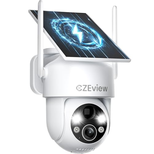 CZEview 2K Überwachungskamera Aussen Akku Solar, 100% Kabellos, 360° PTZ Kamera Überwachung Außen mit Bewegungsmelder, 2.4GHz WLAN, Farbige Nachtsicht, Echtzeit-Warnungen (2K 3MP Weiß) von CZEview