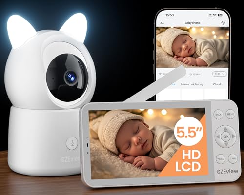 CZEview 5.5" Babyphone mit Kamera und APP, 2K HD, Nachtlicht Ohren, Nachtsicht, WLAN Video Babyfon, Musik, Bewegungs&Geräusch&Temperaturerkennung (Weiß mit 1 Kamera) von CZEview