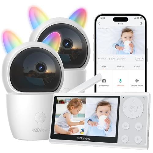 CZEview Babyphone mit 2 Kameras und APP, 2K/4,3 Zoll WLAN Babyfon mit Split-Screen, PTZ 360°, Automatische Verfolgung, 4×Zoom, IR-Nachtsicht, Weinen/Bewegungs/Geräuscherkennung, Temperaturerkennung von CZEview