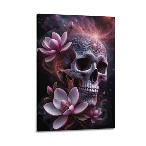 Moderne Familien-Leinwandkunst, Dekor-Poster, Fantasie-Poster, Totenkopf mit rosa Blumen, geheimnisvolles und romantisches dekoratives Gemälde, 40 x 60 cm, Rahmenstil Moderne Familien-Leinwandkunst, Dekor-Poster, Fantasie-Poster, Totenkopf mit rosa Blumen, geheimnisvolles und romantisches dekoratives Gemälde, 40 x 60 cm, Rahmenstil von CZHXYZ