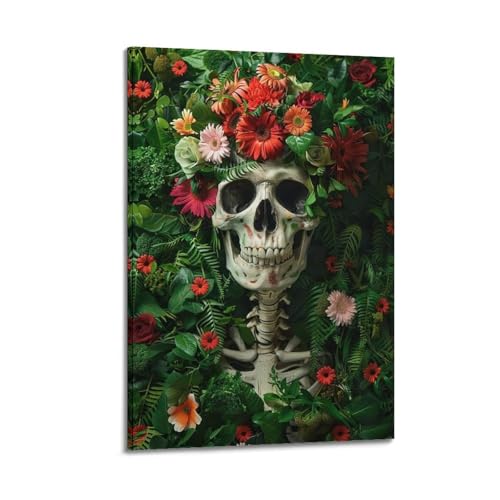 Moderne Familien-Leinwandkunst, Dekor-Poster, Fantasie-Poster, Totenkopf verziert mit Blumen im Grün, lebendiger floraler Totenkopf, Kunstgemälde, 20 x 30 cm, Rahmenstil Moderne Familien-Leinwandkunst, Dekor-Poster, Fantasie-Poster, Totenkopf verziert mit Blumen im Grün, lebendiger floraler Totenkopf, Kunstgemälde, 20 x 30 cm, Rahmenstil von CZHXYZ