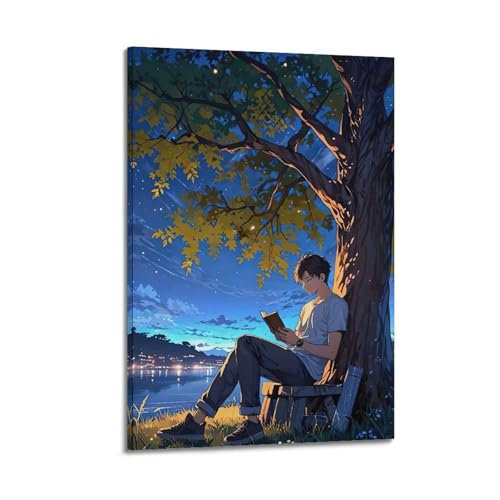 Moderne Familien-Leinwandkunst, Dekor-Poster, Figuren-Poster, Junge liest unter Baum, Nachthimmel, Ruhe, Dekoration, Kunst, 30 x 45 cm, Rahmenstil Moderne Familien-Leinwandkunst, Dekor-Poster, Figuren-Poster, Junge liest unter Baum, Nachthimmel, Ruhe, Dekoration, Kunst, 30 x 45 cm, Rahmenstil von CZHXYZ