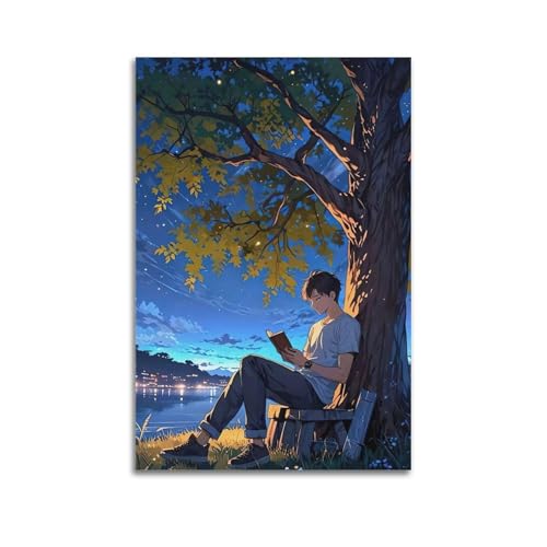 Moderne Familien-Leinwandkunst, Dekor-Poster, Figuren-Poster, Junge liest unter Baum, Nachthimmel, Ruhe, Dekoration, Kunst, 50 x 75 cm, ungerahmter Stil Moderne Familien-Leinwandkunst, Dekor-Poster, Figuren-Poster, Junge liest unter Baum, Nachthimmel, Ruhe, Dekoration, Kunst, 50 x 75 cm, ungerahmter Stil von CZHXYZ