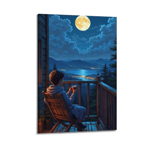 Moderne Familien-Leinwandkunst, Dekor-Poster, Heilposter, Junge auf Balkon, unter Mond, ruhige Nacht, Kunstmalerei, 50 x 75 cm, Rahmenstil Moderne Familien-Leinwandkunst, Dekor-Poster, Heilposter, Junge auf Balkon, unter Mond, ruhige Nacht, Kunstmalerei, 50 x 75 cm, Rahmenstil von CZHXYZ