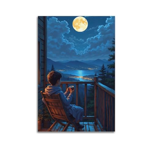 Moderne Familien-Leinwandkunst, Dekor-Poster, Heilposter, Junge auf Balkon, unter Mond, ruhige Nacht, Kunstmalerei, 50 x 75 cm, ungerahmter Stil Moderne Familien-Leinwandkunst, Dekor-Poster, Heilposter, Junge auf Balkon, unter Mond, ruhige Nacht, Kunstmalerei, 50 x 75 cm, ungerahmter Stil von CZHXYZ