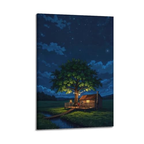 Moderne Familien-Leinwandkunst, Dekor-Poster, Heilungsposter, Baumhaus in Sommernacht, warm und ruhig, dekoratives Gemälde, 60 x 90 cm, Rahmenstil Moderne Familien-Leinwandkunst, Dekor-Poster, Heilungsposter, Baumhaus in Sommernacht, warm und ruhig, dekoratives Gemälde, 60 x 90 cm, Rahmenstil von CZHXYZ