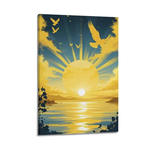 Moderne Familien-Leinwandkunst, Dekor-Poster, Kunstposter, goldene Sonne, Vögel über dem See, strahlende Ruhe, Dekoration, Kunst, 50 x 75 cm, Rahmenstil Moderne Familien-Leinwandkunst, Dekor-Poster, Kunstposter, goldene Sonne, Vögel über dem See, strahlende Ruhe, Dekoration, Kunst, 50 x 75 cm, Rahmenstil von CZHXYZ