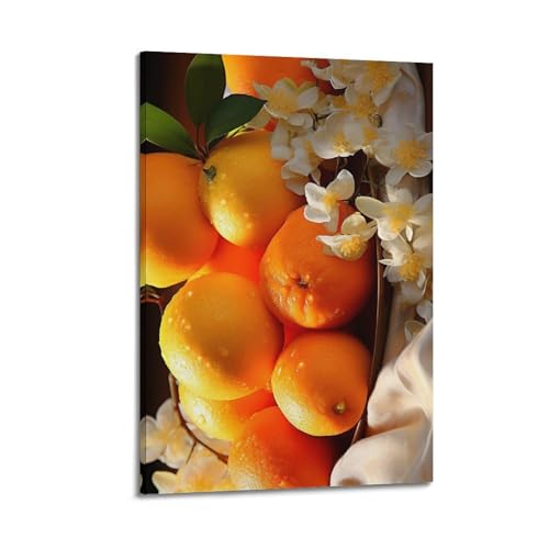 Moderne Familien-Leinwandkunst, Dekor-Poster, Orangen mit weißen Blumen, elegantes Obstkunstgemälde, 20 x 30 cm, Rahmenstil von CZHXYZ