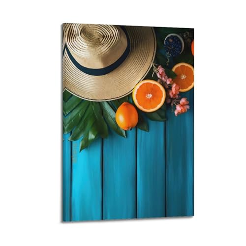 Moderne Familien-Leinwandkunst, Dekor-Poster, Pflanzen-Poster, lebendige Orangen und Strohhut auf blauem Holz, frische Sommer-Atmosphäre, Kunst-Dekor, 20 x 30 cm, Rahmenstil Moderne Familien-Leinwandkunst, Dekor-Poster, Pflanzen-Poster, lebendige Orangen und Strohhut auf blauem Holz, frische Sommer-Atmosphäre, Kunst-Dekor, 20 x 30 cm, Rahmenstil von CZHXYZ