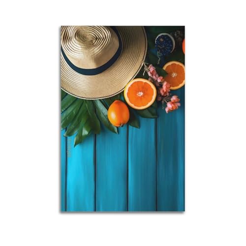 Moderne Familien-Leinwandkunst, Dekor-Poster, Pflanzen-Poster, lebendige Orangen und Strohhut auf blauem Holz, frische Sommer-Atmosphäre, Kunst-Dekor, 50 x 75 cm, ungerahmter Stil Moderne Familien-Leinwandkunst, Dekor-Poster, Pflanzen-Poster, lebendige Orangen und Strohhut auf blauem Holz, frische Sommer-Atmosphäre, Kunst-Dekor, 50 x 75 cm, ungerahmter Stil von CZHXYZ