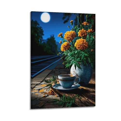 Moderne Familien-Leinwandkunst, Dekor-Poster, Poetisches Poster, Blumenstrauß von Eisenbahn bei Mondlicht, ruhiges und romantisches dekoratives Gemälde, 20 x 30 cm, Rahmenstil Moderne Familien-Leinwandkunst, Dekor-Poster, Poetisches Poster, Blumenstrauß von Eisenbahn bei Mondlicht, ruhiges und romantisches dekoratives Gemälde, 20 x 30 cm, Rahmenstil von CZHXYZ