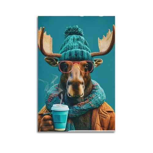 Moderne Familien-Leinwandkunst, Dekor-Poster, Tier-Poster, cooler Elch mit Kaffee, Strickmütze, Brille, gemütlicher Winterstimmung, Dekoration, Kunst, 30 x 45 cm, ungerahmter Stil Moderne Familien-Leinwandkunst, Dekor-Poster, Tier-Poster, cooler Elch mit Kaffee, Strickmütze, Brille, gemütlicher Winterstimmung, Dekoration, Kunst, 30 x 45 cm, ungerahmter Stil von CZHXYZ
