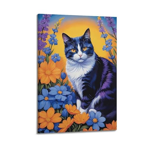 Moderne Familien-Leinwandkunst, Dekor-Poster, Tierposter Katze sitzt in Blumen, charmantes Haustier in der Natur, dekoratives Gemälde, 20 x 30 cm, Rahmenstil Moderne Familien-Leinwandkunst, Dekor-Poster, Tierposter Katze sitzt in Blumen, charmantes Haustier in der Natur, dekoratives Gemälde, 20 x 30 cm, Rahmenstil von CZHXYZ