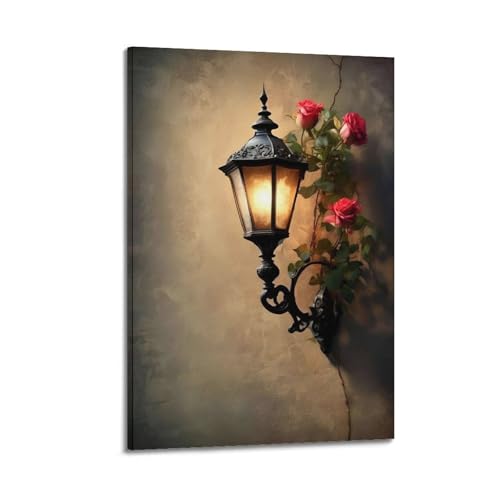 Moderne Familien-Leinwandkunst, Dekor-Poster, Vintage-Poster, Wandlampe mit Rosen, nostalgisches und romantisches dekoratives Gemälde, 60 x 90 cm, Rahmenstil Moderne Familien-Leinwandkunst, Dekor-Poster, Vintage-Poster, Wandlampe mit Rosen, nostalgisches und romantisches dekoratives Gemälde, 60 x 90 cm, Rahmenstil von CZHXYZ