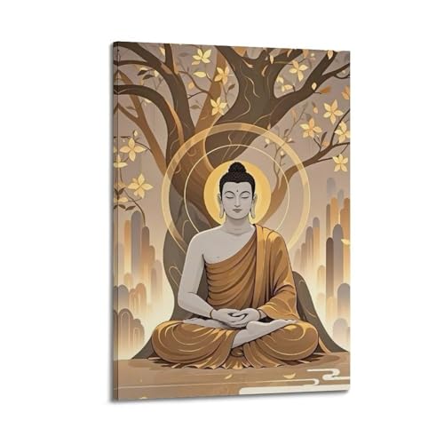 Moderne Familien-Leinwandkunst, Dekor-Poster, Zen-Poster, Buddha unter Bodhi-Baum, ruhig und heilend, dekoratives Gemälde, 40 x 60 cm, Rahmenstil Moderne Familien-Leinwandkunst, Dekor-Poster, Zen-Poster, Buddha unter Bodhi-Baum, ruhig und heilend, dekoratives Gemälde, 40 x 60 cm, Rahmenstil von CZHXYZ