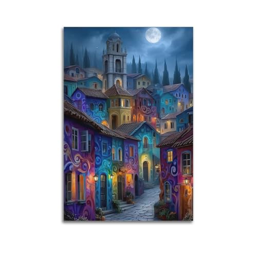 Moderne Familien-Leinwandkunst, Dekor-Poster, verträumtes Poster, Mondlicht, bunte Stadt, romantisch und ruhig, dekoratives Gemälde, 30 x 45 cm, ungerahmter Stil Moderne Familien-Leinwandkunst, Dekor-Poster, verträumtes Poster, Mondlicht, bunte Stadt, romantisch und ruhig, dekoratives Gemälde, 30 x 45 cm, ungerahmter Stil von CZHXYZ
