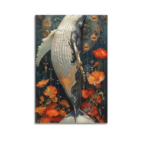 Moderne Familien-Leinwandkunst, Poster, Tier-Poster, magischer Wal, umgeben von Blumen, aufwendige Muster, künstlerische Dekoration, 40 x 60 cm, ungerahmter Stil von CZHXYZ