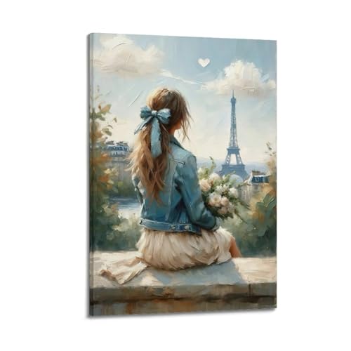 Moderne Familien-Leinwandkunst-Dekor-Poster, Kunstposter Mädchen mit Blumenstrauß auf den Eiffelturm, romantisches und künstlerisches dekoratives Gemälde, 20 x 30 cm, Rahmenstil Moderne Familien-Leinwandkunst-Dekor-Poster, Kunstposter Mädchen mit Blumenstrauß auf den Eiffelturm, romantisches und künstlerisches dekoratives Gemälde, 20 x 30 cm, Rahmenstil von CZHXYZ
