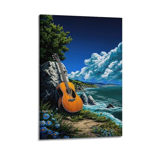 Moderne Familien-Leinwandkunst-Dekor-Poster, Landschafts-Poster, Gitarre, lehnt sich an Felsen an der Küste mit blauem Meer und Blumen, dekoratives Gemälde, 40 x 60 cm, Rahmenstil Moderne Familien-Leinwandkunst-Dekor-Poster, Landschafts-Poster, Gitarre, lehnt sich an Felsen an der Küste mit blauem Meer und Blumen, dekoratives Gemälde, 40 x 60 cm, Rahmenstil von CZHXYZ