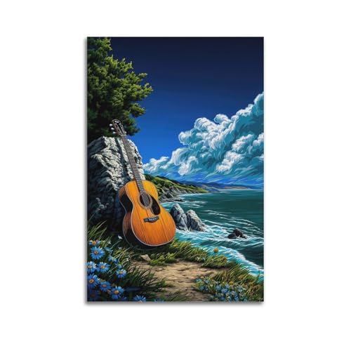 Moderne Familien-Leinwandkunst-Dekor-Poster, Landschafts-Poster, Gitarre, lehnt sich an Felsen an der Küste mit blauem Meer und Blumen, dekoratives Gemälde, 50 x 75 cm, ungerahmter Stil Moderne Familien-Leinwandkunst-Dekor-Poster, Landschafts-Poster, Gitarre, lehnt sich an Felsen an der Küste mit blauem Meer und Blumen, dekoratives Gemälde, 50 x 75 cm, ungerahmter Stil von CZHXYZ