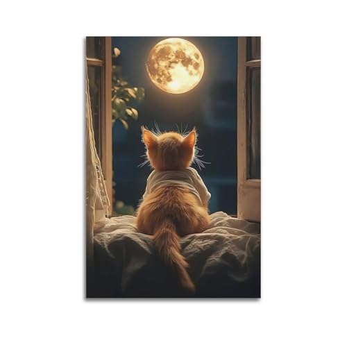 Moderne Familien-Leinwandkunst-Dekor-Poster, niedliches Haustier-Poster, Kätzchen, das Mond beobachtet, Heilung und warmes dekoratives Gemälde, 50 x 75 cm, ungerahmter Stil Moderne Familien-Leinwandkunst-Dekor-Poster, niedliches Haustier-Poster, Kätzchen, das Mond beobachtet, Heilung und warmes dekoratives Gemälde, 50 x 75 cm, ungerahmter Stil von CZHXYZ