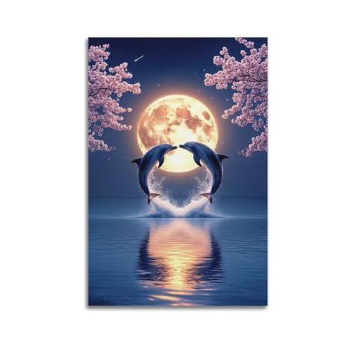 Moderne Familien-Leinwandkunst-Dekor-Poster, romantisches Poster, Delfine, die unter dem Mond springen, ästhetisches und poetisches dekoratives Gemälde, 20 x 30 cm, ungerahmter Stil Moderne Familien-Leinwandkunst-Dekor-Poster, romantisches Poster, Delfine, die unter dem Mond springen, ästhetisches und poetisches dekoratives Gemälde, 20 x 30 cm, ungerahmter Stil von CZHXYZ