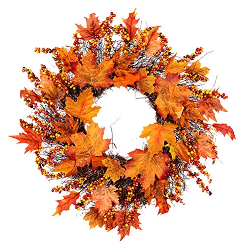 CZSMART Herbst-Ahornblatt-Kranz, 45 cm, Herbst-Kranz, Haustür mit Aufhänger, Herbst-Kunstkranz, Erntekranz, Halloween, Herbsttürkränze, Dekorationen mit Ahornblättern, Beeren von CZSMART