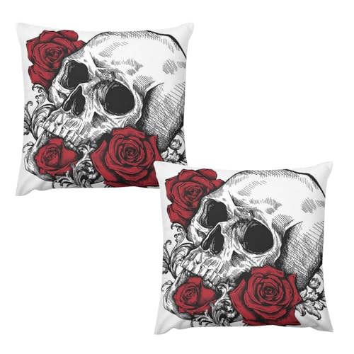 Kurze Plüsch-Kissenbezüge, 45 cm x 45 cm, verdeckter Reißverschluss, wunderschöne Rosen- und Totenkopf-Kissenbezüge für Wohnzimmer, Schlafzimmer, Sofa von CZZYH