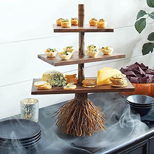 CaCaCook Halloween Cupcake Ständer, 3-Tier Ständern Kuchenteller Muffinständer Halloween Tortenständer Halloween Harz Besen Snack Schüssel Ständer aus Holz für Zuhause, Tisch, Geburtstag Party von CaCaCook