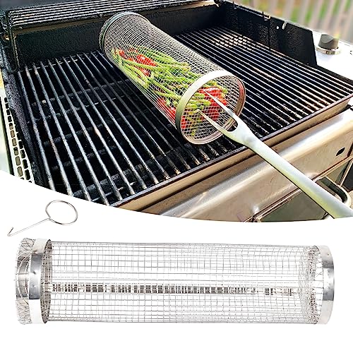 CaCaCook Rolling Grillkorb Edelstahl BBQ Kochzubehör für Gemüse Fischfleisch mit Zylinder, Ideal für Huhn, Zwiebeln, Knoblauch und für Schweinefleisch, Birnen, Pfirsiche (30 cm) von CaCaCook