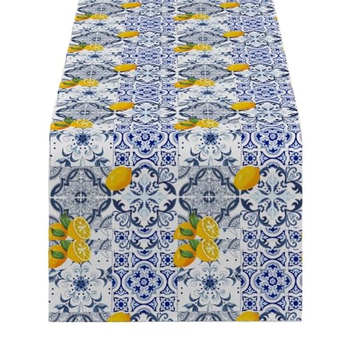 CaFfen TischläUfer Zitrone Individuelle Tuch Tisch Läufer Keramik Dekoration Und Zubehör for Tisch Schläger Blau Klassische Hochzeit TischläUfer FrüHling Modern(0013(3),150-33cm 59-13inch) von CaFfen