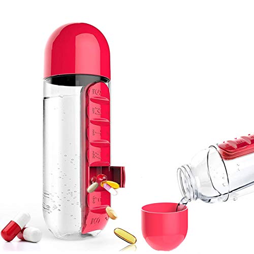 Pillendose, 2 In 1 Tragbare 7-Tage-Wasserflasche FÜR Den Außenbereich Mit Pillenbox-Organizer, Ergänzung Zur Aufbewahrung Von Vitaminmedikamenten FÜR Fitnessstudio, Schule, BÜRo, Reisen (rot) von CaOJing