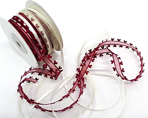 CaPiSo 10m Trendyband 3 Bänder in Kombination mit Herz 15mm Organza Satinband Geschenkband Herzband Schleifenband Dekoration (Bordeaux-Creme) von CaPiSo
