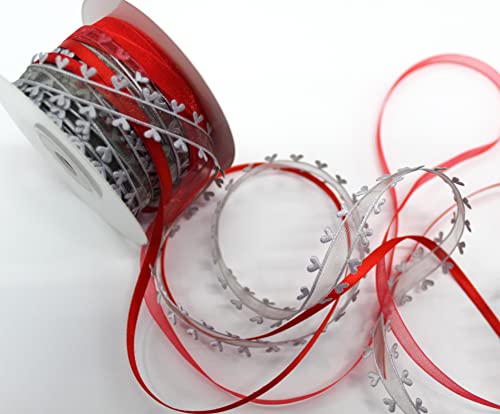CaPiSo 10m Trendyband 3 Bänder in Kombination mit Herz 15mm Organza Satinband Geschenkband Herzband Schleifenband Dekoration (Silber-Rot) von CaPiSo