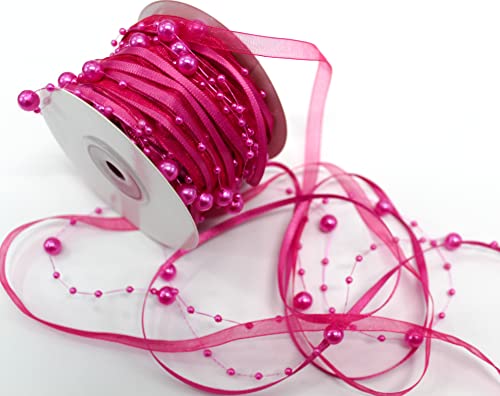CaPiSo 15m Schleifenband mit Organza und 3 und 8 mm Perlen Perlenband Geschenkband Trendyband Perlen am Band (Pink-Weiss) von CaPiSo