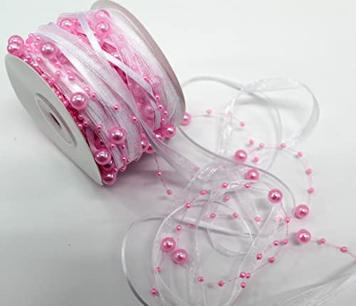 CaPiSo 15m Schleifenband mit Organza und 3 und 8 mm Perlen Perlenband Geschenkband Trendyband Perlen am Band (Rosa-Weiss) von CaPiSo